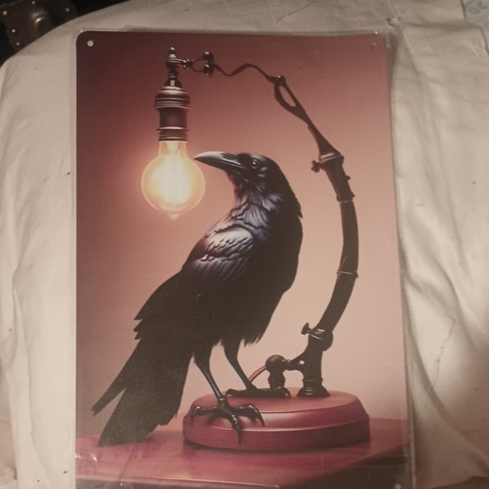 Raven Art Print with Vintage Light Bulb